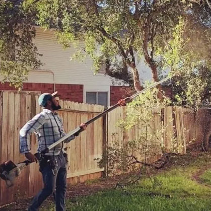 Macario Brothers worker using a pole saw to trim tree branches in a backyard