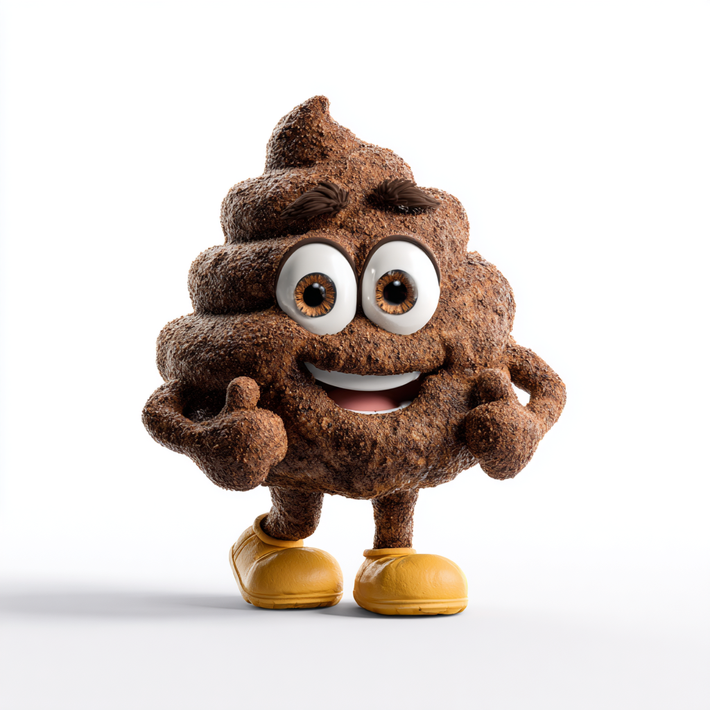 Smiling cartoon dog poop mascot with yellow shoes for the pet waste deodorizer service