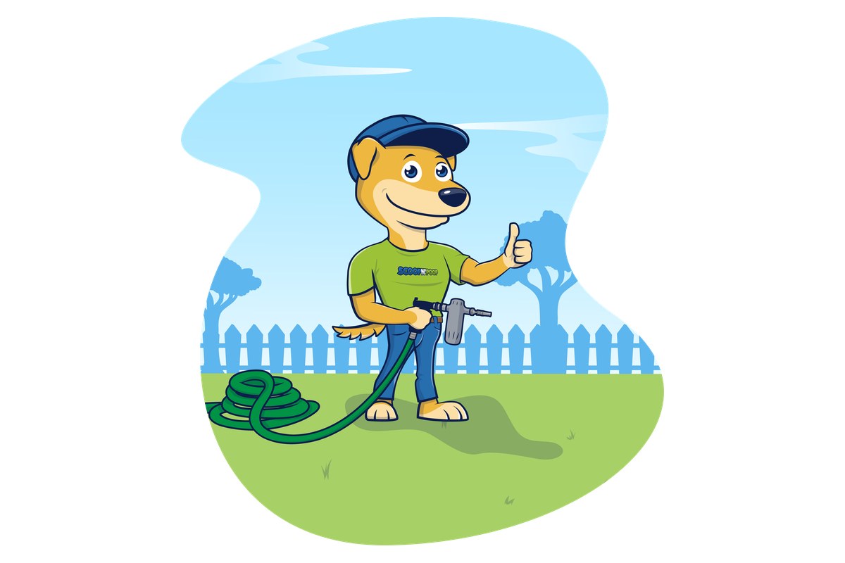 The Scoop N' Poop mascot with a yard sanitizing sprayer giving a thumbs up