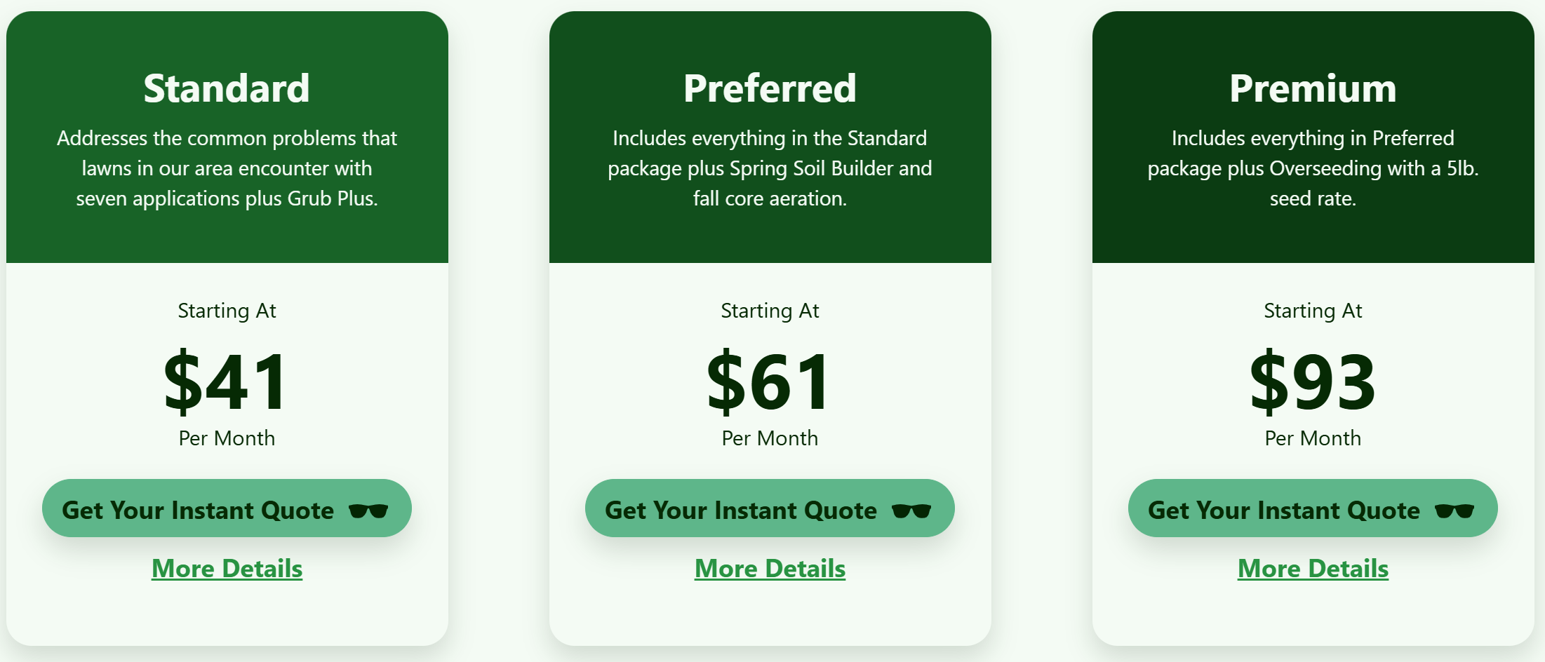 Lawn care package cards: Standard from $41, Preferred from $61 and Premium from $93 per month