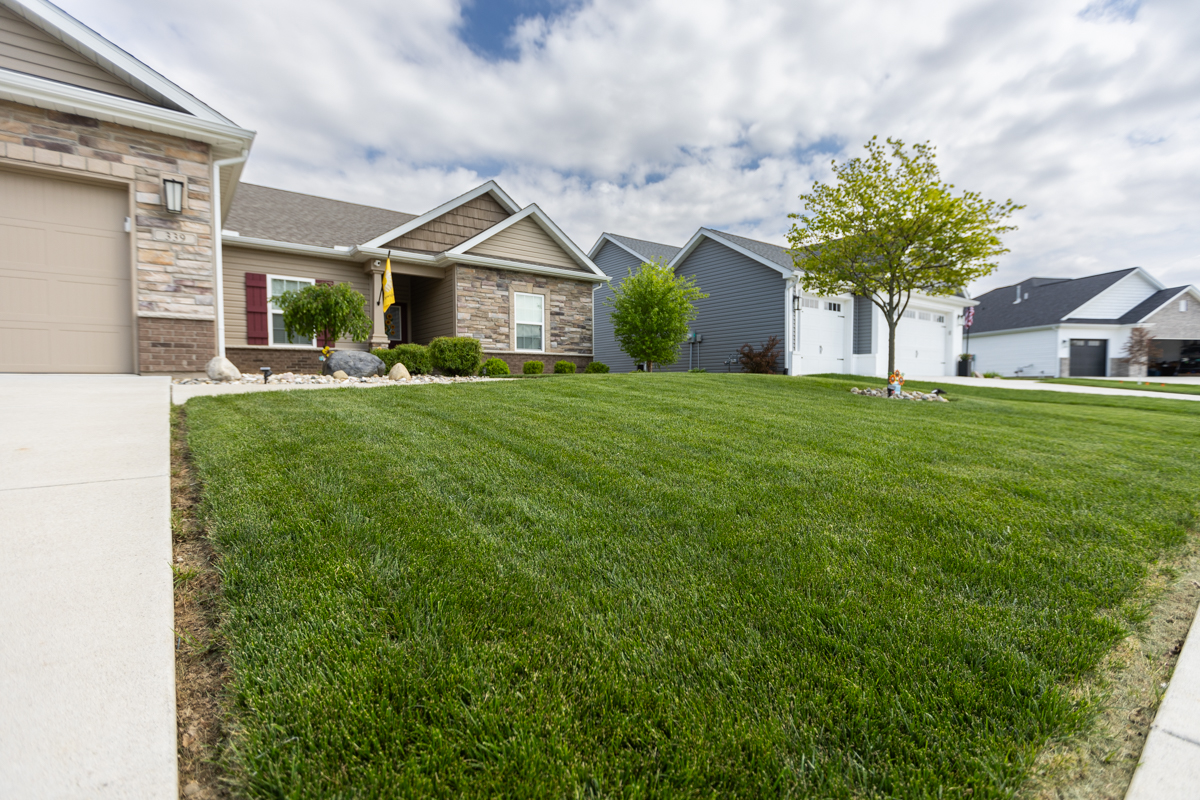 Green front lawn with crisp edges along the driveway of a stone-front home