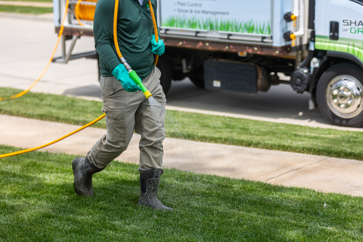 Technician pulling a spray hose across a lawn, Shades of Green truck behind