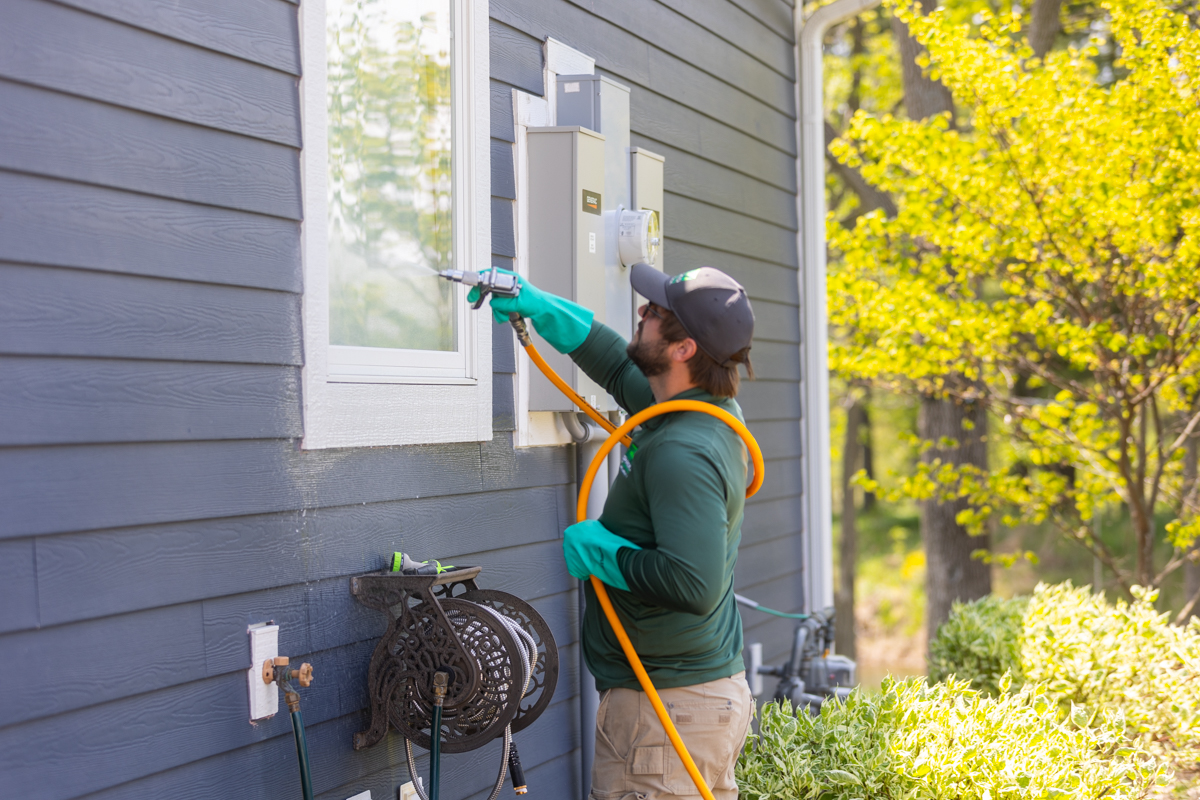 Technician spraying a perimeter treatment around a window on a gray-sided home