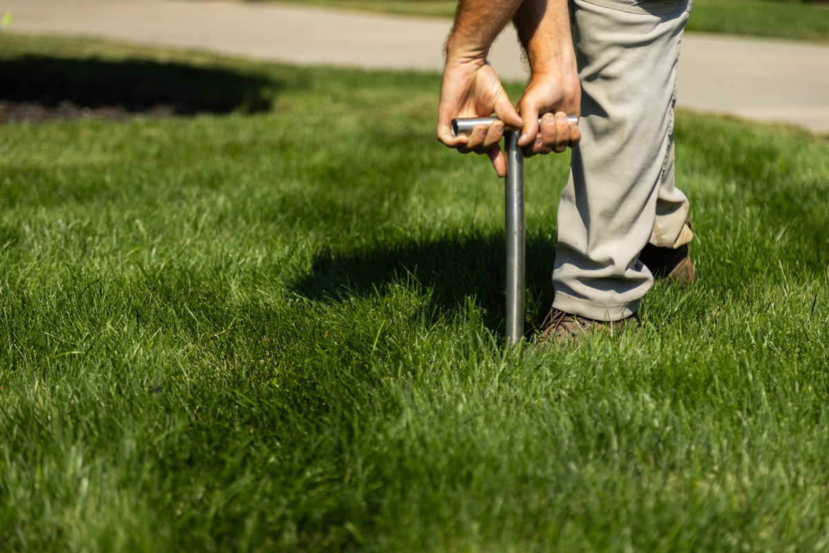 Technician pushing a soil probe into a lawn to pull a sample