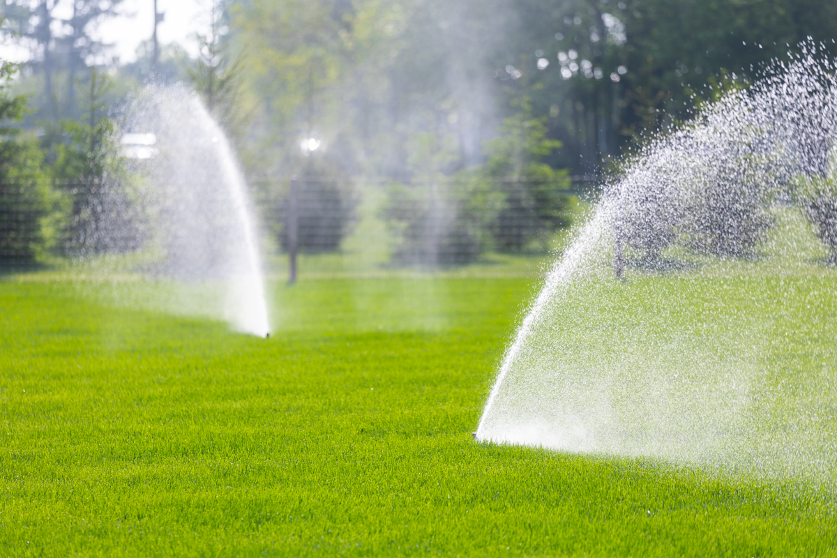 Two sprinklers spraying arcs of water over a green lawn