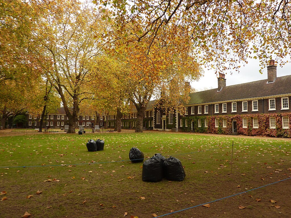 Bags of collected leaves sitting on a lawn beneath autumn trees