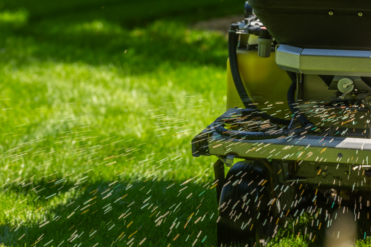 Close-up of granular fertilizer scattering from a ride-on spreader onto a lawn