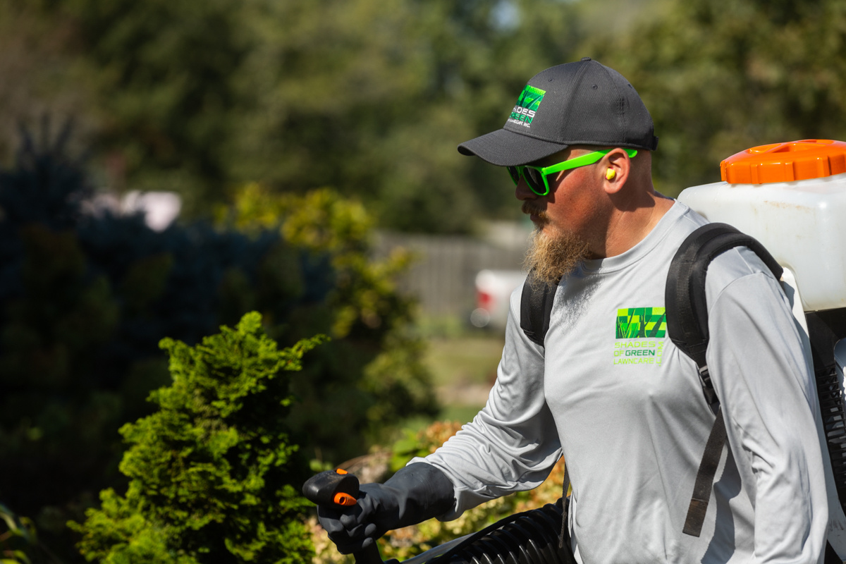 Technician with a backpack mist blower spraying around shrubs