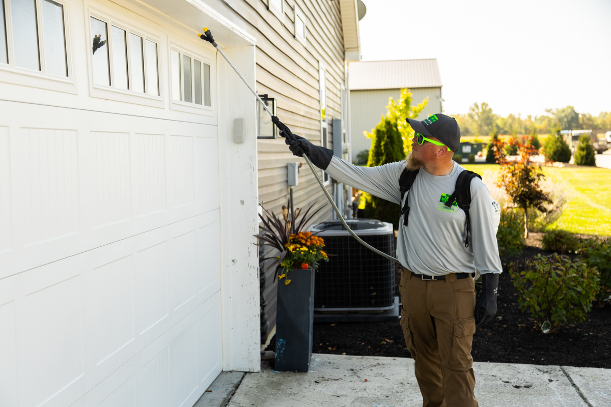 Technician spraying a perimeter pest treatment above a garage door